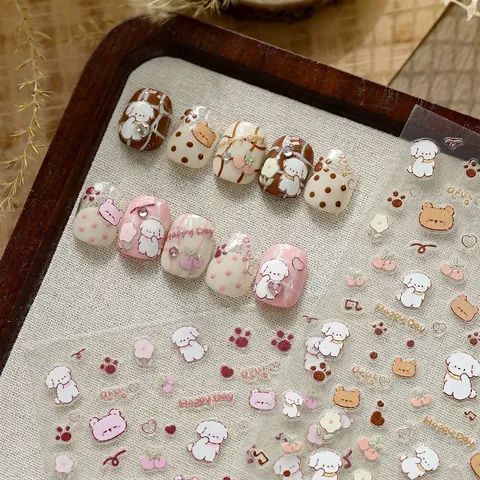 Cute 3D Embossed Cartoon Dog Bear Nail Stickers Colorful Flower Heart Pattern Waterproof Nail Art Decals For Women DIY Manicure