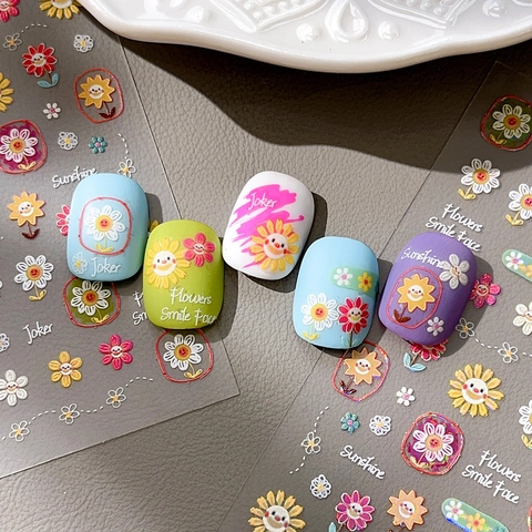 5D Relief Sunflower Nail Art Stickers Colorful Laser Daisy Smiling Face Floral Adhesive Decals DIY Nail Decoration For Women