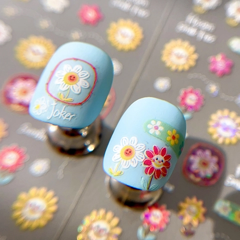 5D Relief Sunflower Nail Art Stickers Colorful Laser Daisy Smiling Face Floral Adhesive Decals DIY Nail Decoration For Women