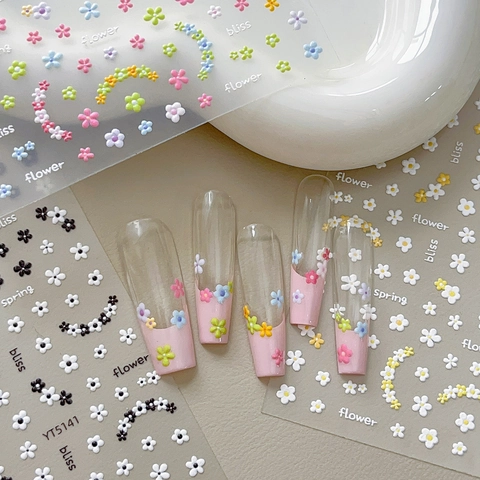 Pegatinas de Uñas con Relieve 3D Diseño Floral Colorido Margaritas Autoadhesivas Letras Inglesas Calcomanías Decoración Manicura