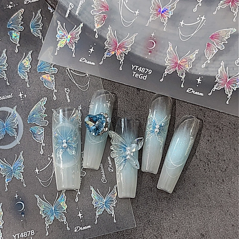 Laser Holografische Schmetterlings-Nagelsticker Aurora Blau Stern Mond Design DIY Dekorative Maniküre Abziehbilder Damen