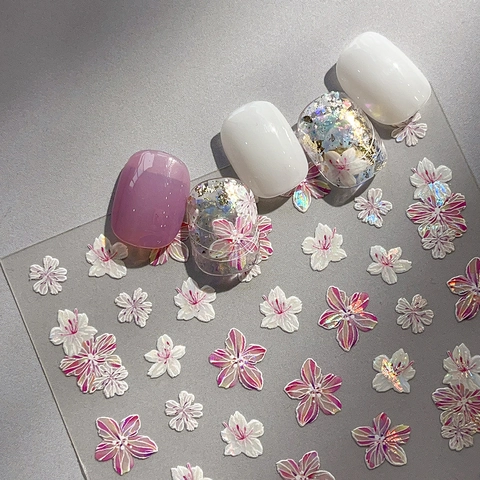 Holographisch Kirschblüte 5D Geprägt Nagelaufkleber Laser Perlmutt Blumen Nagel Decals Für Damen DIY Maniküre Dekoration