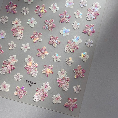 Holographisch Kirschblüte 5D Geprägt Nagelaufkleber Laser Perlmutt Blumen Nagel Decals Für Damen DIY Maniküre Dekoration