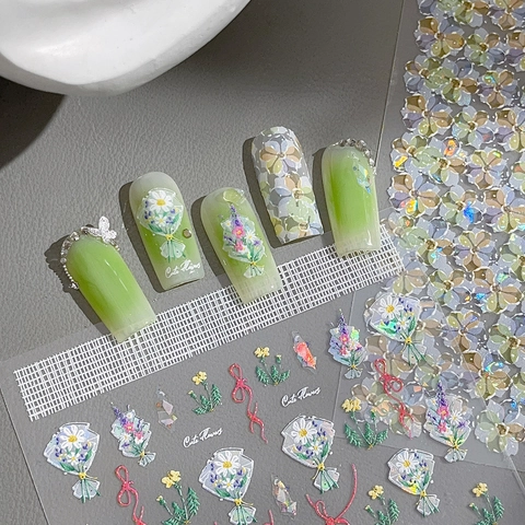 Holographic 3D Flower Nail Art Stickers Cute Bouquet Bow Patterns Laser Relief Decals For Women DIY Manicure Decoration