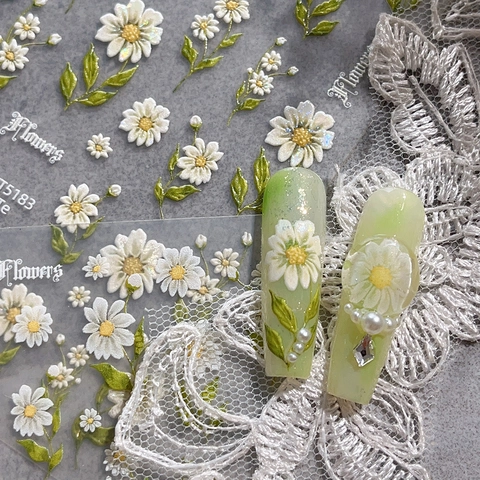 Daisy Flower Nail Art Stickers 5D Embossed Shell Luster Design White Floral Self Adhesive Manicure Decoration For Women