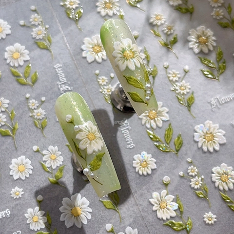 Daisy Flower Nail Art Stickers 5D Embossed Shell Luster Design White Floral Self Adhesive Manicure Decoration For Women
