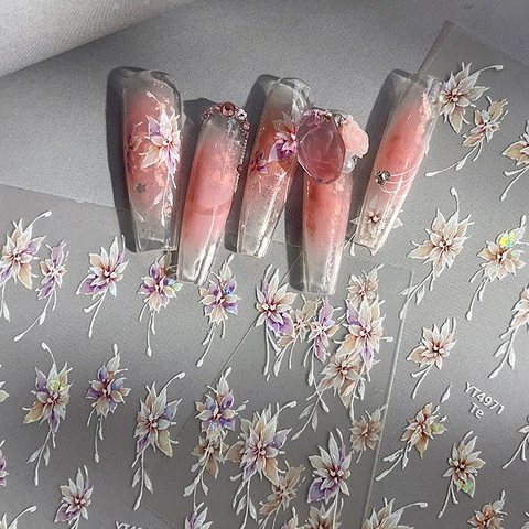 5D Embossed Flower Nail Art Stickers Multicolor 3D Floral Self Adhesive Laser Nail Decals For Women Manicure Decoration