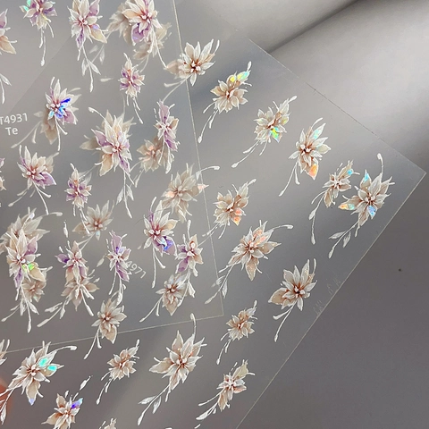 5D Embossed Flower Nail Art Stickers Multicolor 3D Floral Self Adhesive Laser Nail Decals For Women Manicure Decoration