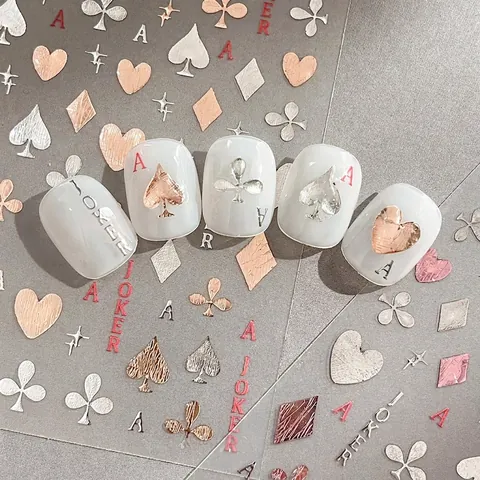 3D Metallic Embossed Poker Card Nail Art Stickers Silver Pink Rose Gold Heart Joker Patterns DIY Manicure Decoration