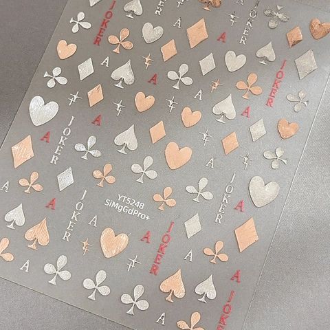 3D Metallic Embossed Poker Card Nail Art Stickers Silver Pink Rose Gold Heart Joker Patterns DIY Manicure Decoration