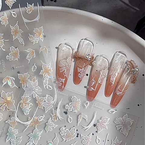 5D Embossed Flower Nail Stickers Holographic Floral Decals Cute Sweet Nail Art Decorations For Women DIY Manicure Accessories