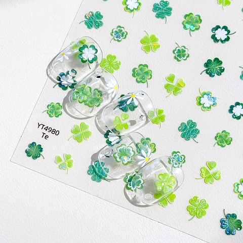 Lucky 4 Leaf Clover Nail Art Stickers Shell Luster Daisy Floral Self-Adhesive Green Shamrock Manicure Decoration Women