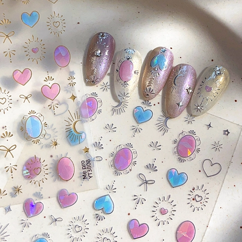 Holographische 3D Nagelkunst Aufkleber Vergoldung Versilberung Herz Schleife Stern Mond Laser Decals Für DIY Maniküre Dekoration