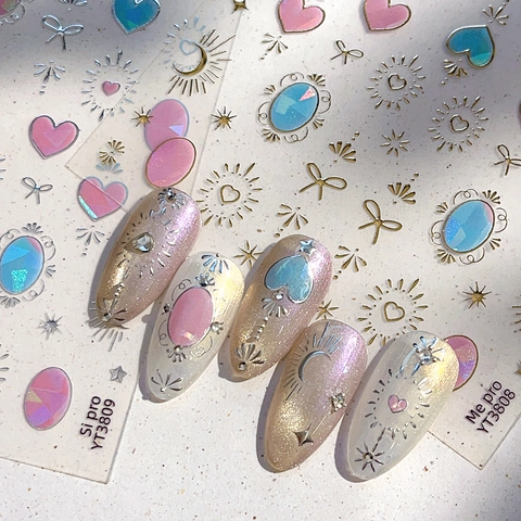 Holographische 3D Nagelkunst Aufkleber Vergoldung Versilberung Herz Schleife Stern Mond Laser Decals Für DIY Maniküre Dekoration