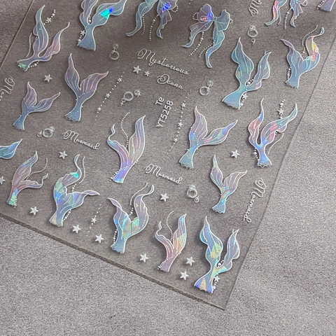 Pegatinas Holográficas para Uñas Cola de Sirena Láser Mysterious Ocean Estrella Lazo DIY Nail Art Calcomanías para Mujer Decoración