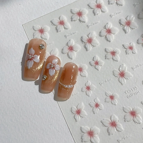 Pegatinas para Uñas Relieve 5D Flor de Cerezo Elegantes Flores Blancas Rosas Calcomanías Autoadhesivas para Manicura Mujer DIY