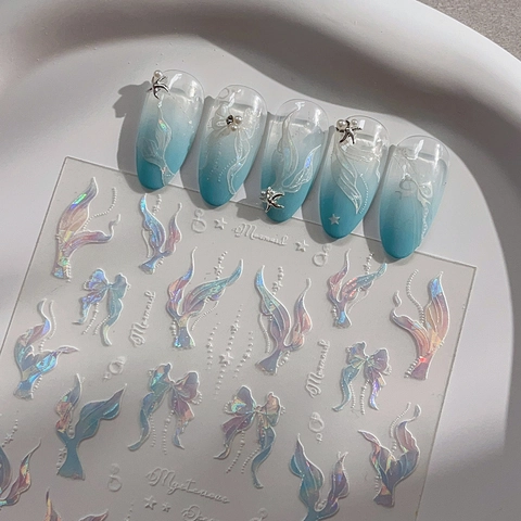 Pegatinas Holográficas para Uñas Cola de Sirena Láser Mysterious Ocean Estrella Lazo DIY Nail Art Calcomanías para Mujer Decoración