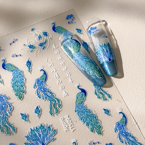 3D Relief Peacock Nail Art Stickers Chinese Style Vintage Glitter Bird Feather Cloud Pattern Nail Decals For Women DIY
