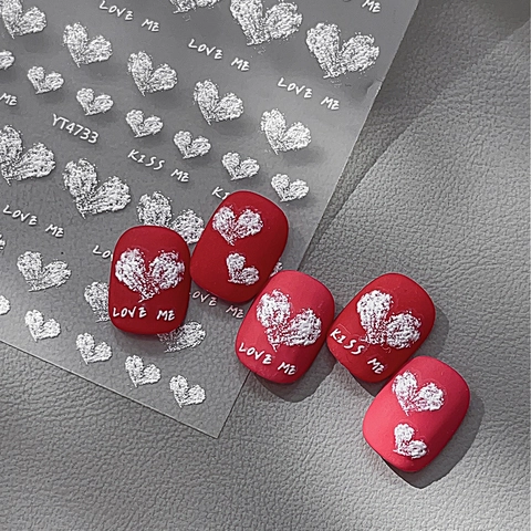 3D Geprägte Herz Nagel Aufkleber Weiß Silber Glitzer Love Me Kiss Me Selbstklebend Nagel Decals DIY Maniküre Dekoration