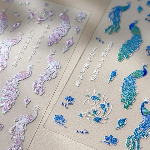 3D Relief Peacock Nail Art Stickers Chinese Style Vintage Glitter Bird Feather Cloud Pattern Nail Decals For Women DIY