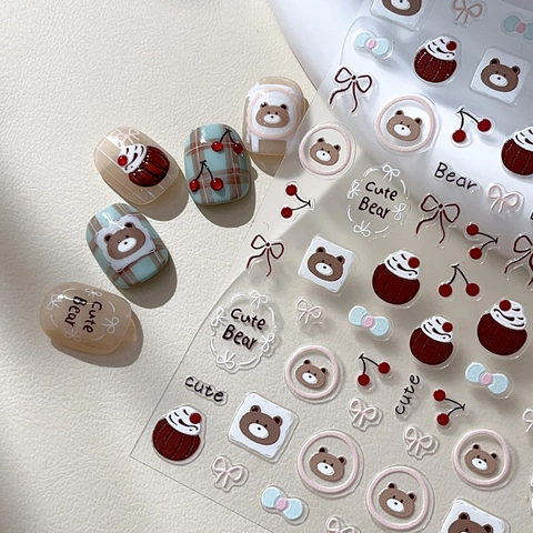 Lindas Pegatinas De Uñas 3D Con Relieve De Oso De Dibujos Animados Cereza Lazo Magdalena Diseño Estilo INS Para Mujeres Niñas