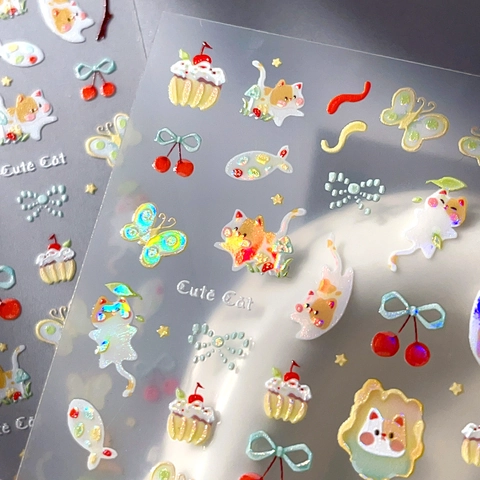 Cute 3D Embossed Cat Nail Art Stickers Spring Series Laser Holographic Cartoon Kitty Nail Decals For Women Manicure Decoration