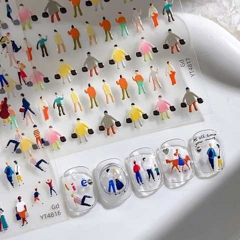 Cute Miniature People Nail Art Stickers Colorful Hand Drawn Style 3D Decorative Nail Decals For Women DIY Manicure