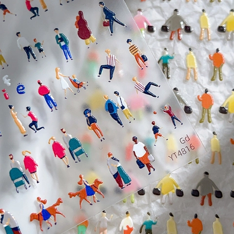 Cute Miniature People Nail Art Stickers Colorful Hand Drawn Style 3D Decorative Nail Decals For Women DIY Manicure