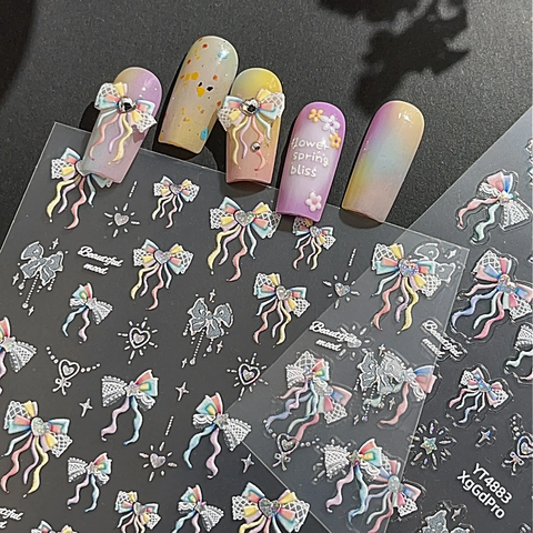 3D Embossed Nail Art Stickers Sweet Bowknot Heart Macaron Gradient Star Laser Self Adhesive Resin Nail Decoration For Women