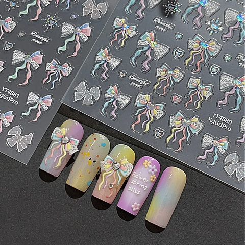 3D Embossed Nail Art Stickers Sweet Bowknot Heart Macaron Gradient Star Laser Self Adhesive Resin Nail Decoration For Women