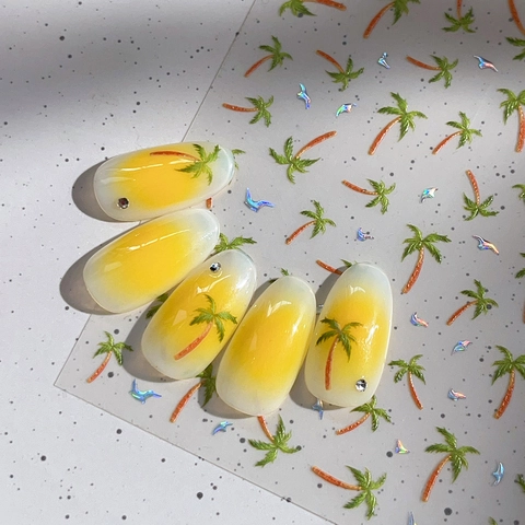 Holographic Laser Coconut Tree Nail Art Stickers Summer Tropical Palm Tree Seagull Designs DIY Manicure Decoration For Women
