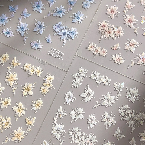 5D Embossed Flower Butterfly Nail Art Stickers Shell Light Iridescent Jelly Cute Sweet 3D Relief Self Adhesive Nail Decals For Women DIY Decoration