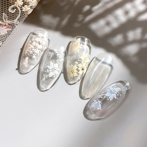 5D Embossed Flower Butterfly Nail Art Stickers Shell Light Iridescent Jelly Cute Sweet 3D Relief Self Adhesive Nail Decals For Women DIY Decoration