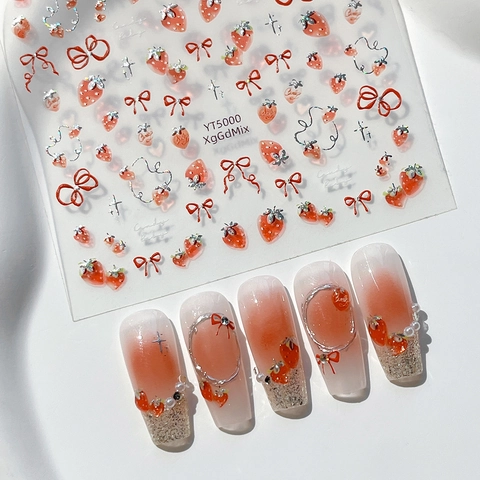 Adesivi per Unghie 3D Rilievo Fragola Fiocco Pellicola Gelatina Stellata Decorazione Manicure Fai Da Te per Donna