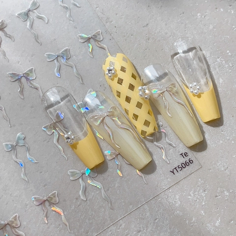 Holographisch 3D Geprägt Schleife Nagelaufkleber Aurora Muschelglanz Dekorative Decals Für Damen DIY Maniküre Zubehör YT5066