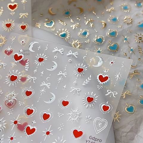 3D Embossed Nail Art Stickers Gold Silver Stamping Heart Star Moon Bow Design Sweet Metallic Decals For Women Manicure Decor