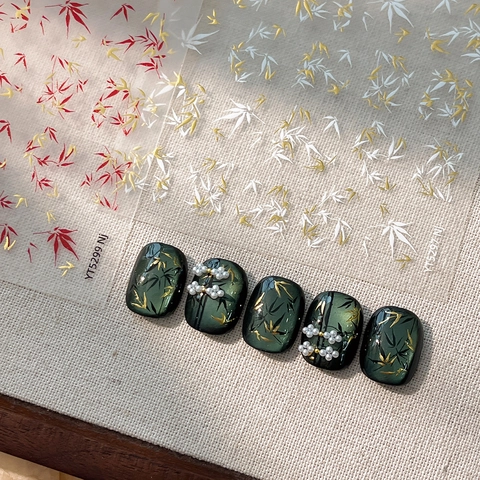 Elegant Bamboo Leaf Nail Art Stickers Chinese Style Golden White Red Leaf Pattern 3D Manicure Decoration Decals Accessory