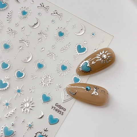 3D Embossed Nail Art Stickers Gold Silver Stamping Heart Star Moon Bow Design Sweet Metallic Decals For Women Manicure Decor