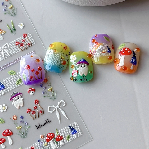 Pegatinas de Uñas en Relieve 5D Seta Linda Dibujos Animados Lazo Flor Calcomanías de Uñas 3D para Decoración de Manicura