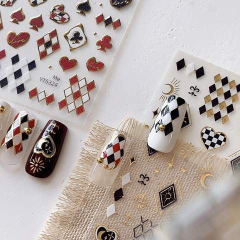 Retro Poker Heart Checkerboard Bronzing Nail Art Stickers 3D Gold Silver Sun Moon Star Self Adhesive Nail Decals For Women