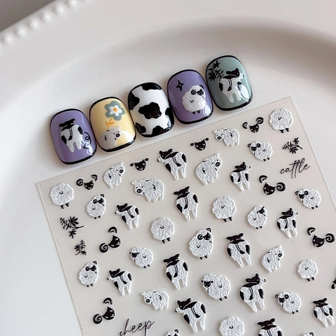 Pegatinas De Uñas Con Relieve 3D Patrón Oveja Cerdo Vaca Dibujos Animados Calcomanías De Manicura Autoadhesivas