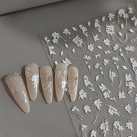 5D Reliëf Witte Bloem Nagelkunst Stickers 3D Reliëf Bloemen Madeliefje Lelietje-van-dalen Nagelstickers Voor DIY Manicure Decoratie
