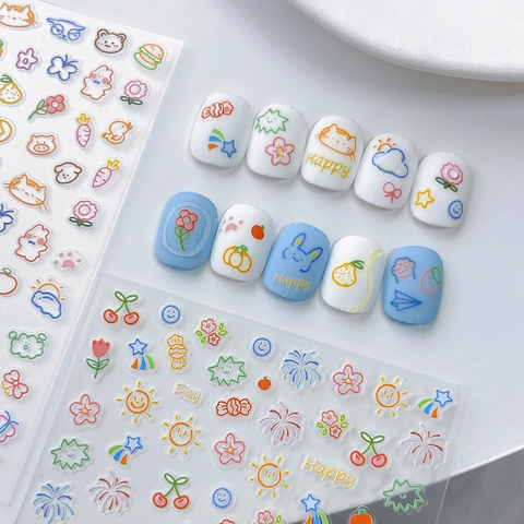 Cute Cartoon Rabbit Bear Fruit Nail Art Stickers Korean Style DIY Manicure Decoration Adhesive Nail Decals For Women