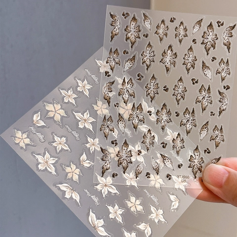 5D Stereoskopische Geprägte Nagelaufkleber Vintage 3D Blume Leopard Design Weiß Braun Retro Blumen DIY Maniküre Aufkleber