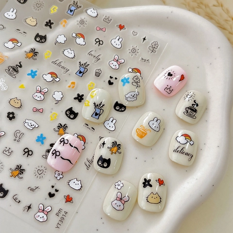 Cartoon Hase Katze Nagelkunst Aufkleber Süße Schleife Regenbogen Selbstklebende Nagelsticker Für DIY Maniküre Dekoration Damen