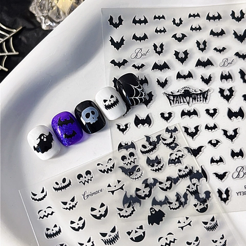 Halloween Nail Art Stickers Bat Ghost Grimace Patterns Self Adhesive Nail Decals For Manicure DIY Decoration Party Women
