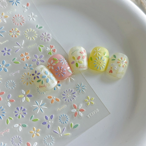 5D Geprägte Blumen Nagelaufkleber Mehrfarbige Frühlings Floral Gänseblümchen Design Klebebilder Für Damen Maniküre Dekoration
