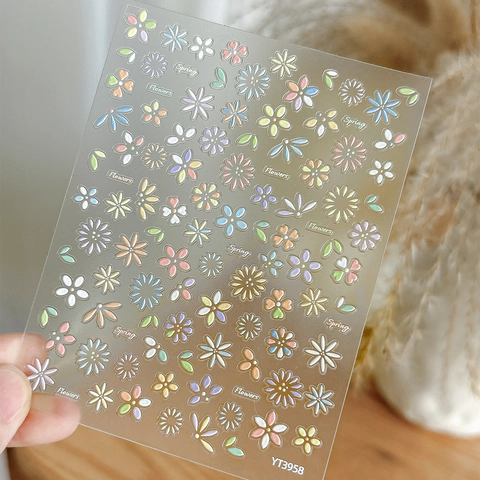 5D Geprägte Blumen Nagelaufkleber Mehrfarbige Frühlings Floral Gänseblümchen Design Klebebilder Für Damen Maniküre Dekoration