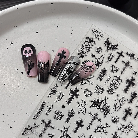 Gotische Halloween Geprägte Nagelaufkleber 3D Selbstklebend Schwarz Kreuz Totenkopf Spinnennetz Sarg Nagelkunst Aufkleber Damen