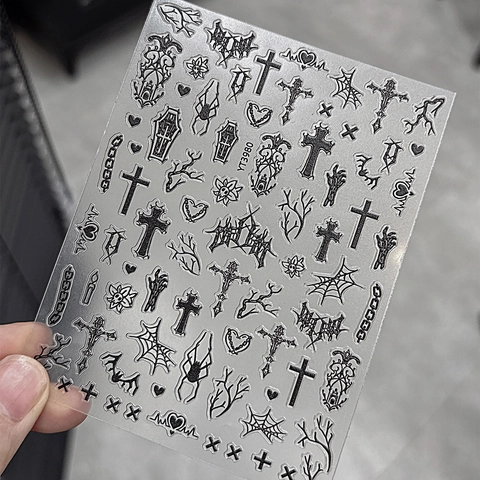 Gotische Halloween Geprägte Nagelaufkleber 3D Selbstklebend Schwarz Kreuz Totenkopf Spinnennetz Sarg Nagelkunst Aufkleber Damen
